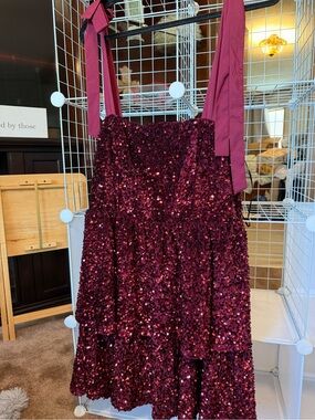 Altar'd State Girls Wine Sequin Tie-Strap Party Dress